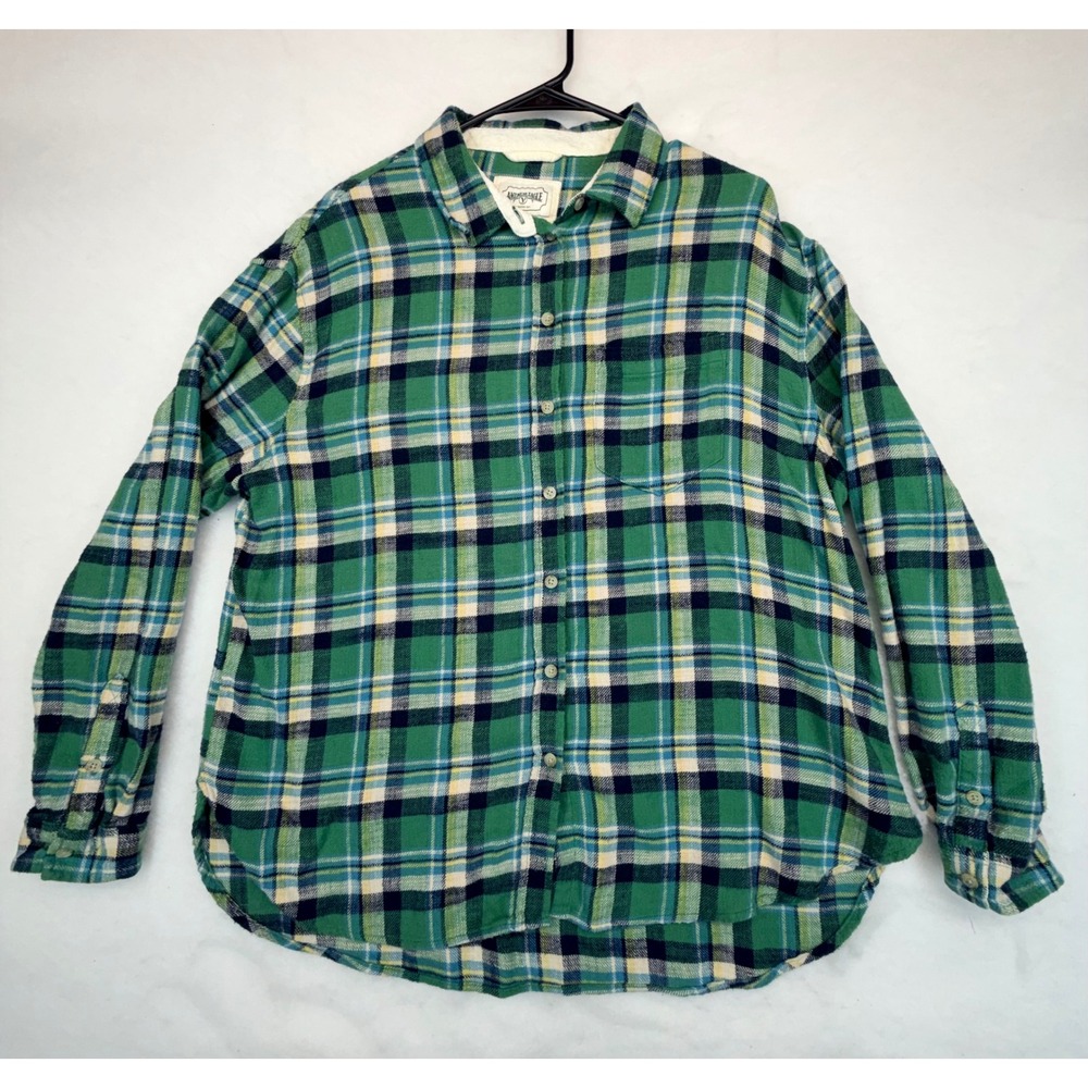 American Eagle Green Plaid Flannel Shirt Womens Medium Long Sleeve Cotton